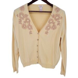 Sundance Womens XL Yellow Cotton Wool Floral Embroidered V-Neck Cardigan Sweater